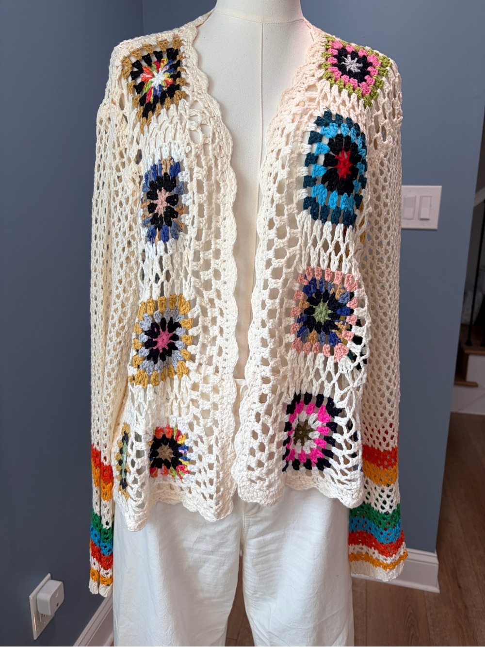 Boho Granny Square Crochet Cardigan Open Knit Festival Sweater XL